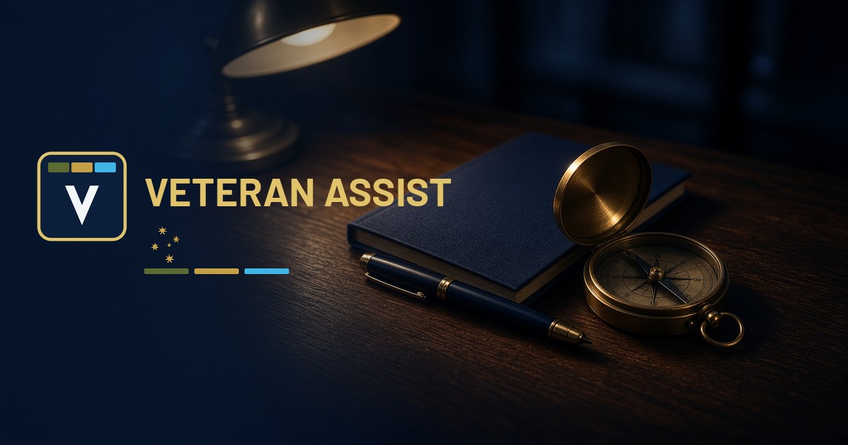 Veteran Assist lockup: tri-service bars, independent mark, Southern Cross, and a compass. Independent of DVA and Defence. Not an official Defence or DVA mark.